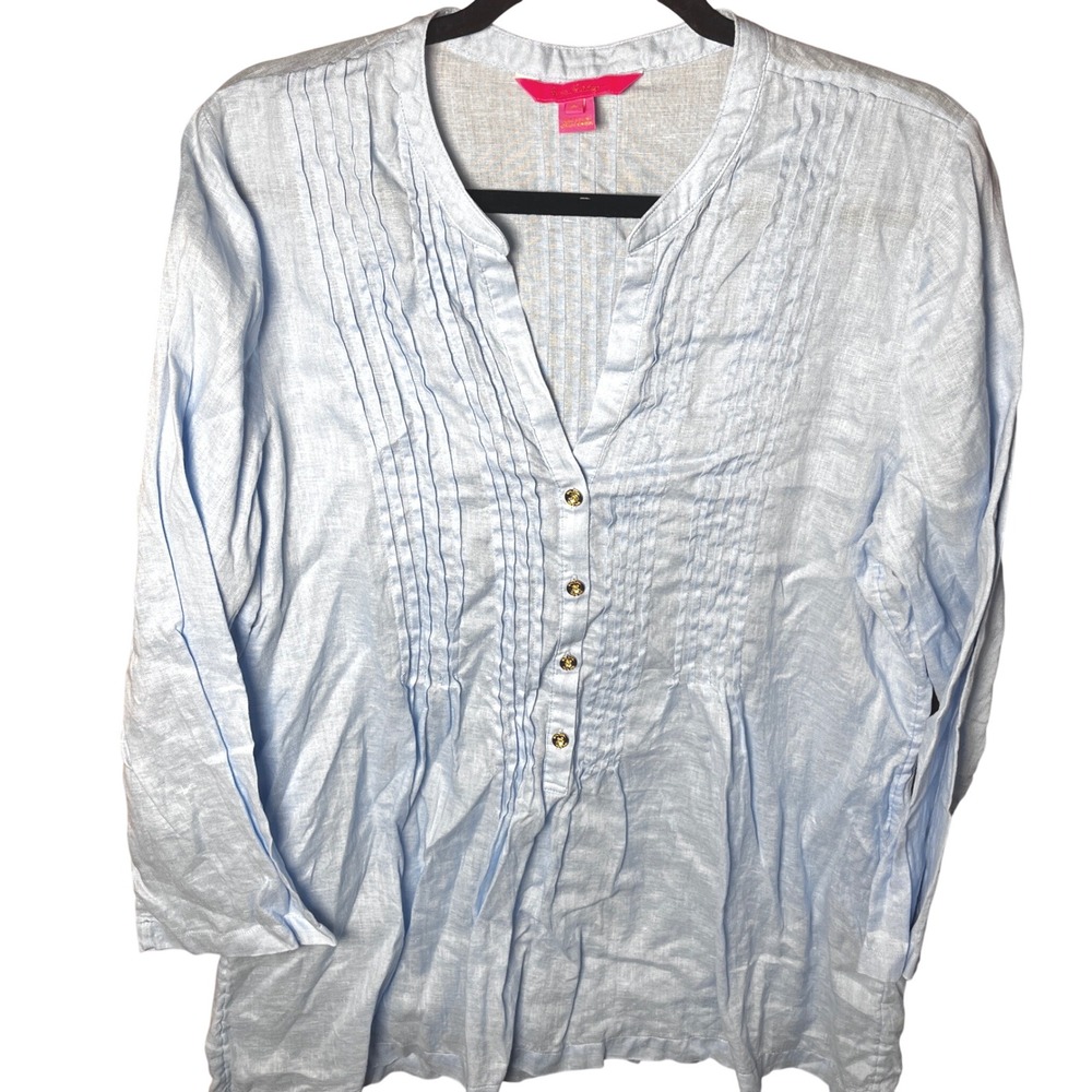 Lilly Pulitzer Light Blue 100% Linen Pintuck Pleat Button Front Tunic Top Medium
